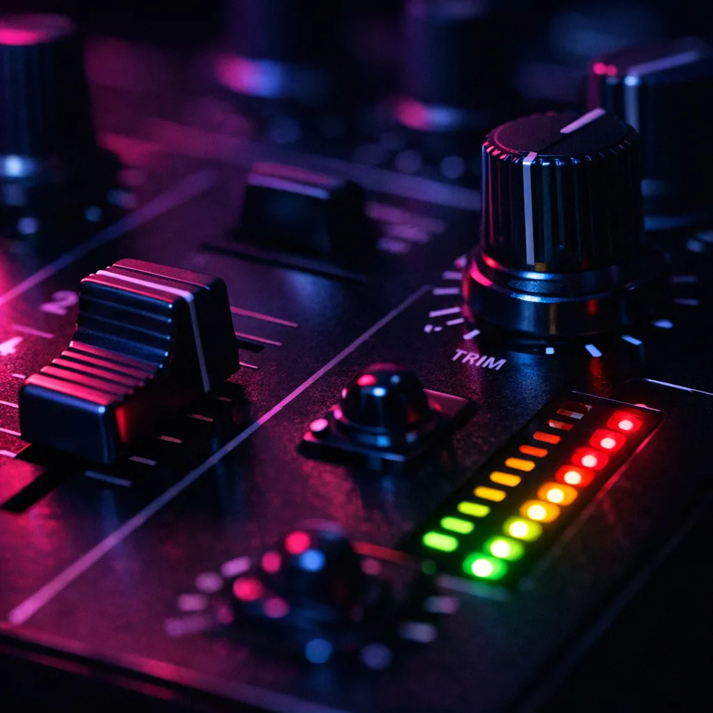 Dettaglio del mixer: fader, manopole e indicatori di livello accesi