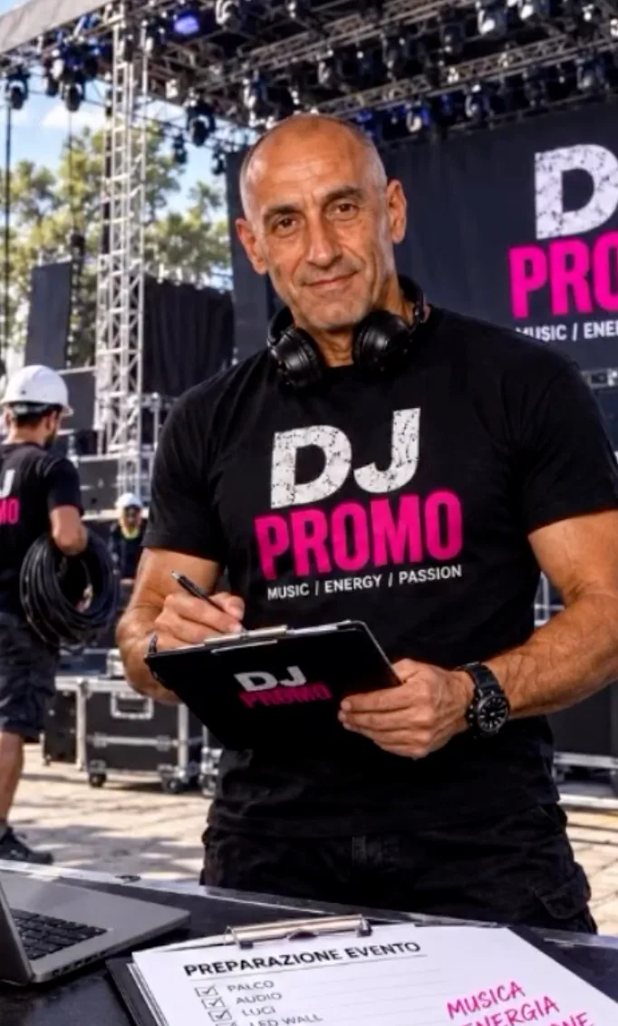 Massimiliano di DJ Promo durante la preparazione di un evento, con cuffie al collo e checklist in mano