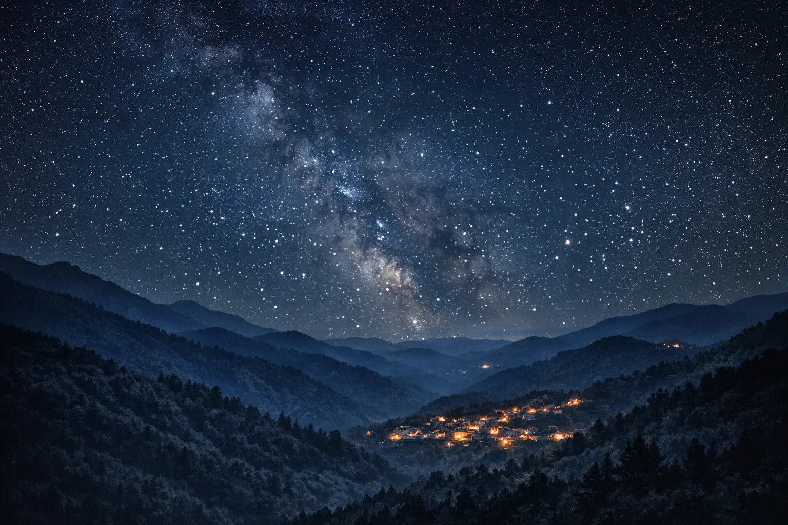Le colline della Calabria di notte sotto un cielo stellato, un paese illuminato nella valle