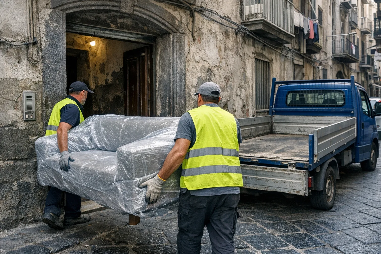 Due operatori con pettorina alta visibilità portano fuori un divano imballato dal portone di un palazzo e lo caricano sul cassone del mezzo