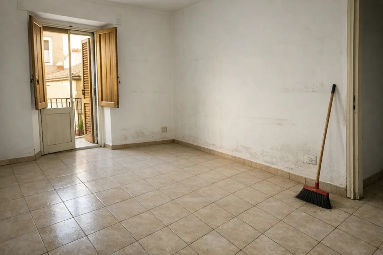 Stanza completamente svuotata dopo lo sgombero, pavimento spazzato e pareti libere, con la scopa appoggiata vicino alla porta