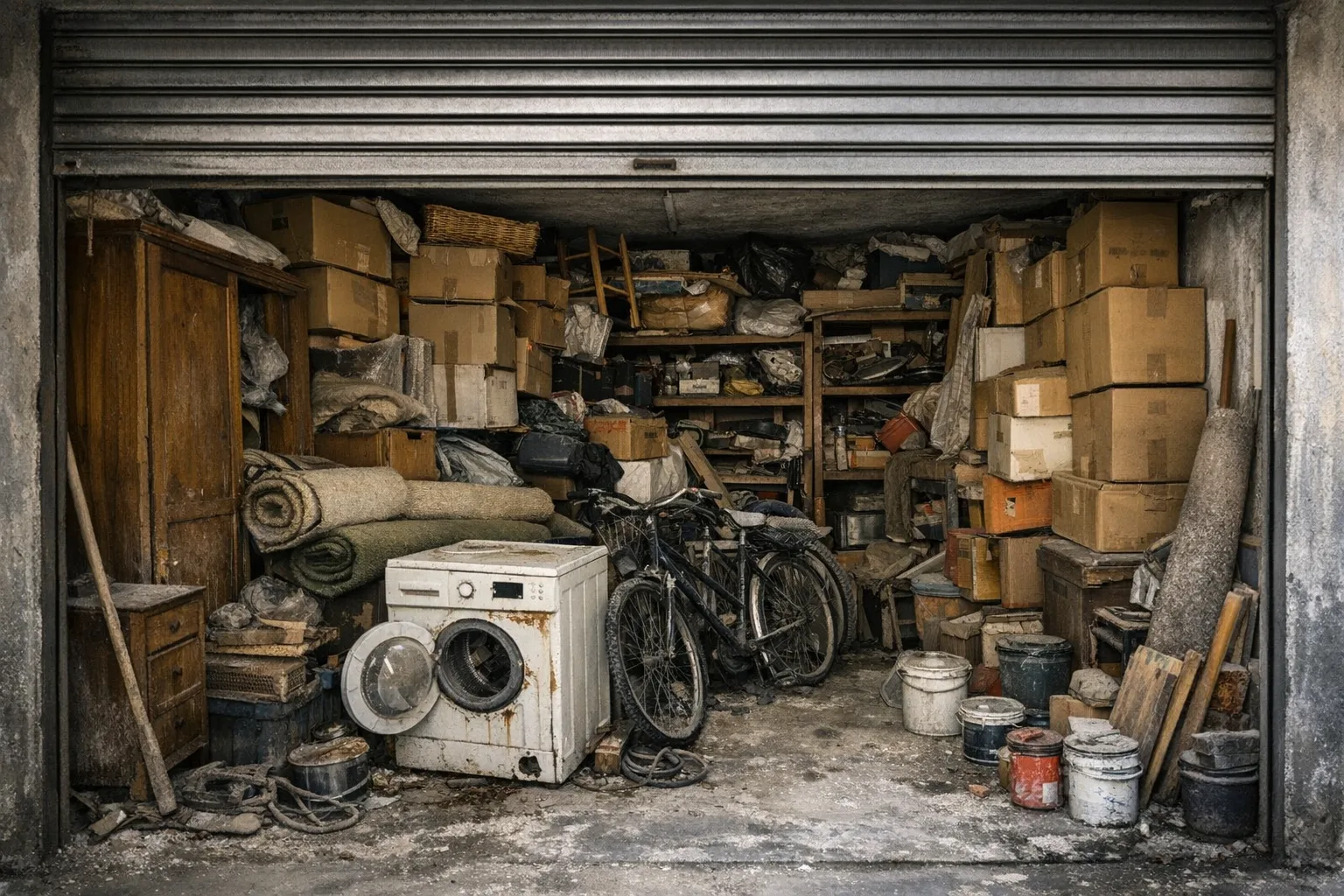 Garage pieno fino al soffitto di mobili, scatoloni ed elettrodomestici da portare via