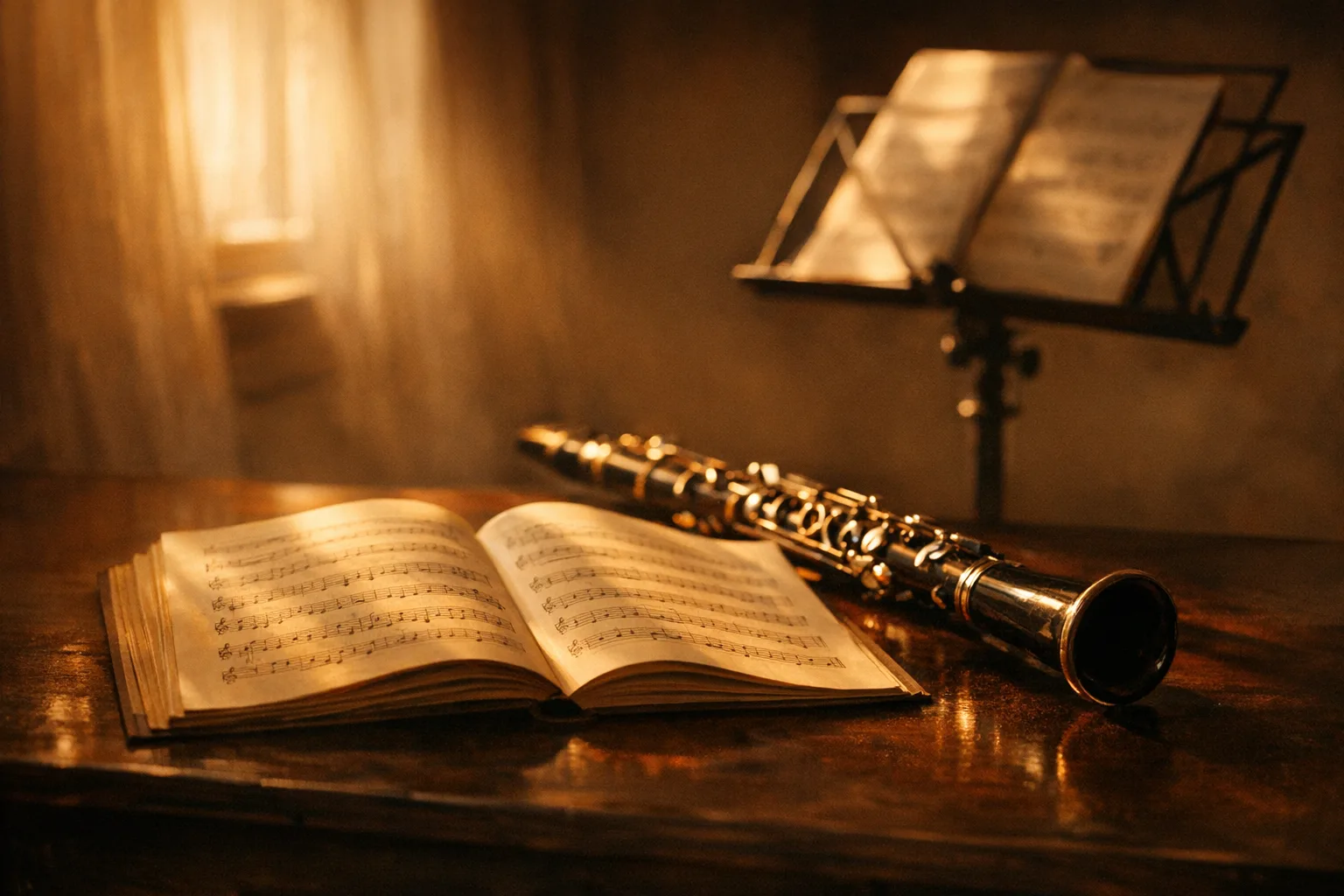 Uno spartito aperto accanto a un clarinetto e a un leggìo, nella luce calda di una sala di musica