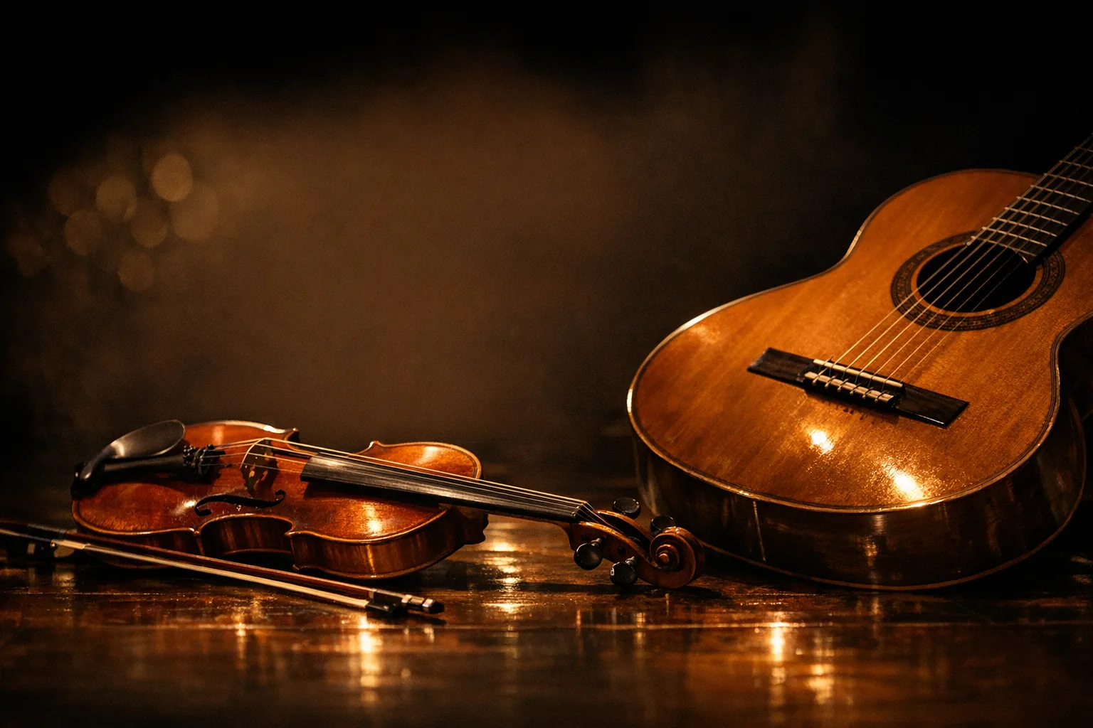 Un violino e una chitarra classica nella luce dorata di una sala da concerto