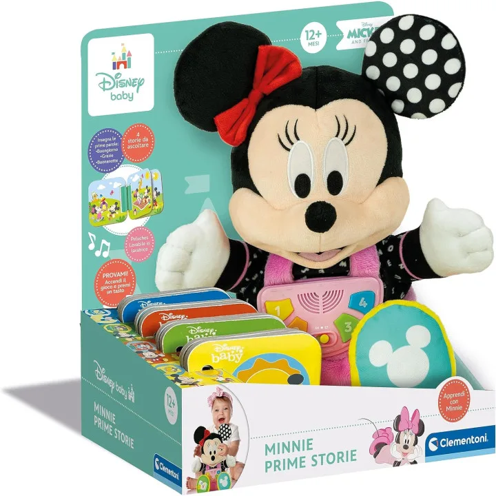 Peluche Baby Minnie Prime Storie Clementoni con libretto interattivo