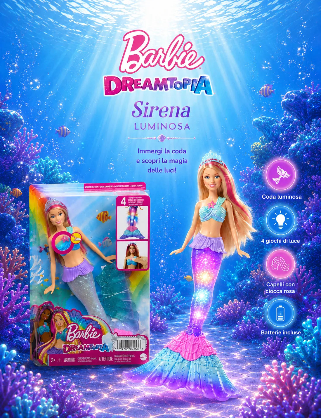 Barbie Dreamtopia Sirena Luminosa con coda che si illumina