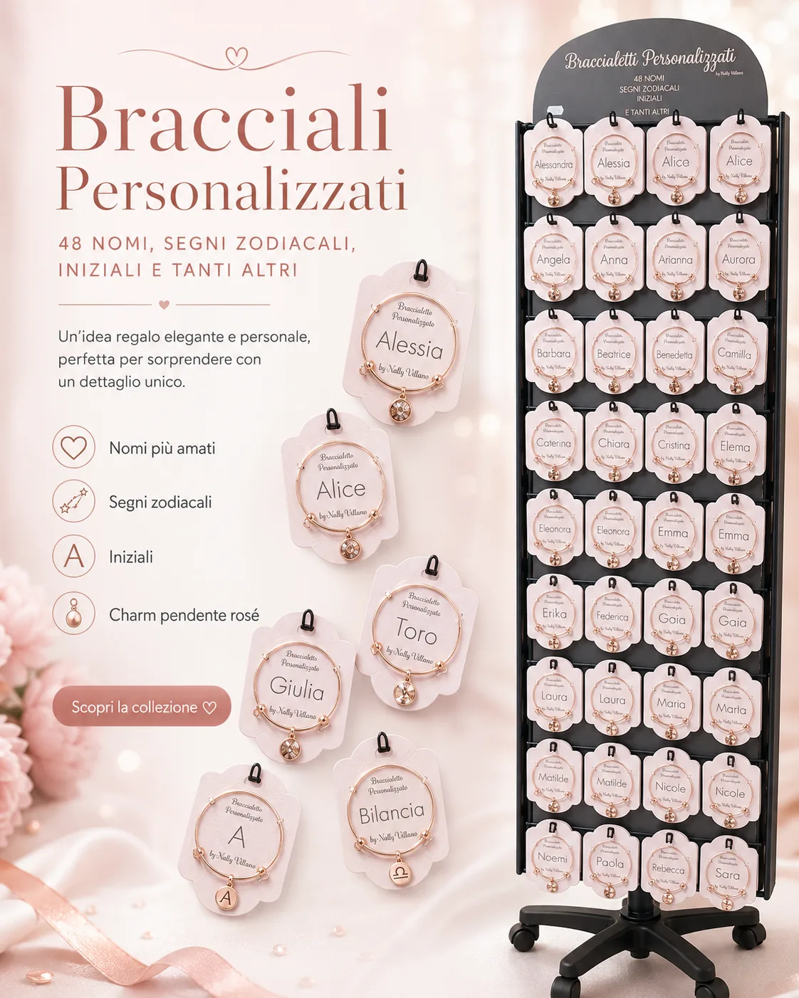 Espositore di bracciali personalizzati rosé con nomi e segni zodiacali