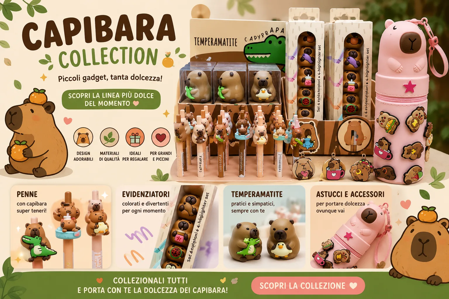 Capibara Collection con penne, evidenziatori e astucci a tema capibara