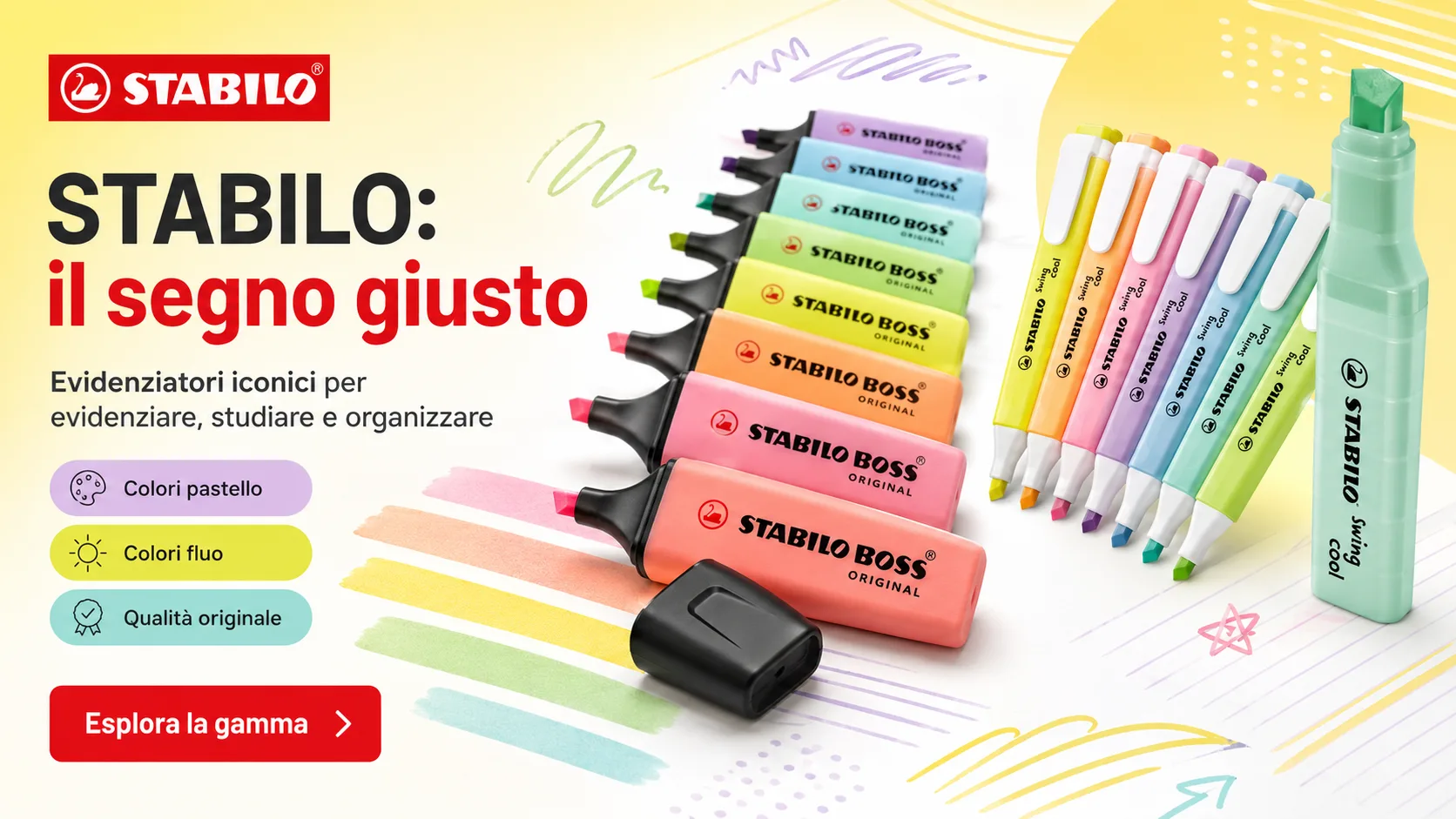 Evidenziatori STABILO BOSS e Swing Cool nei colori pastello e fluo