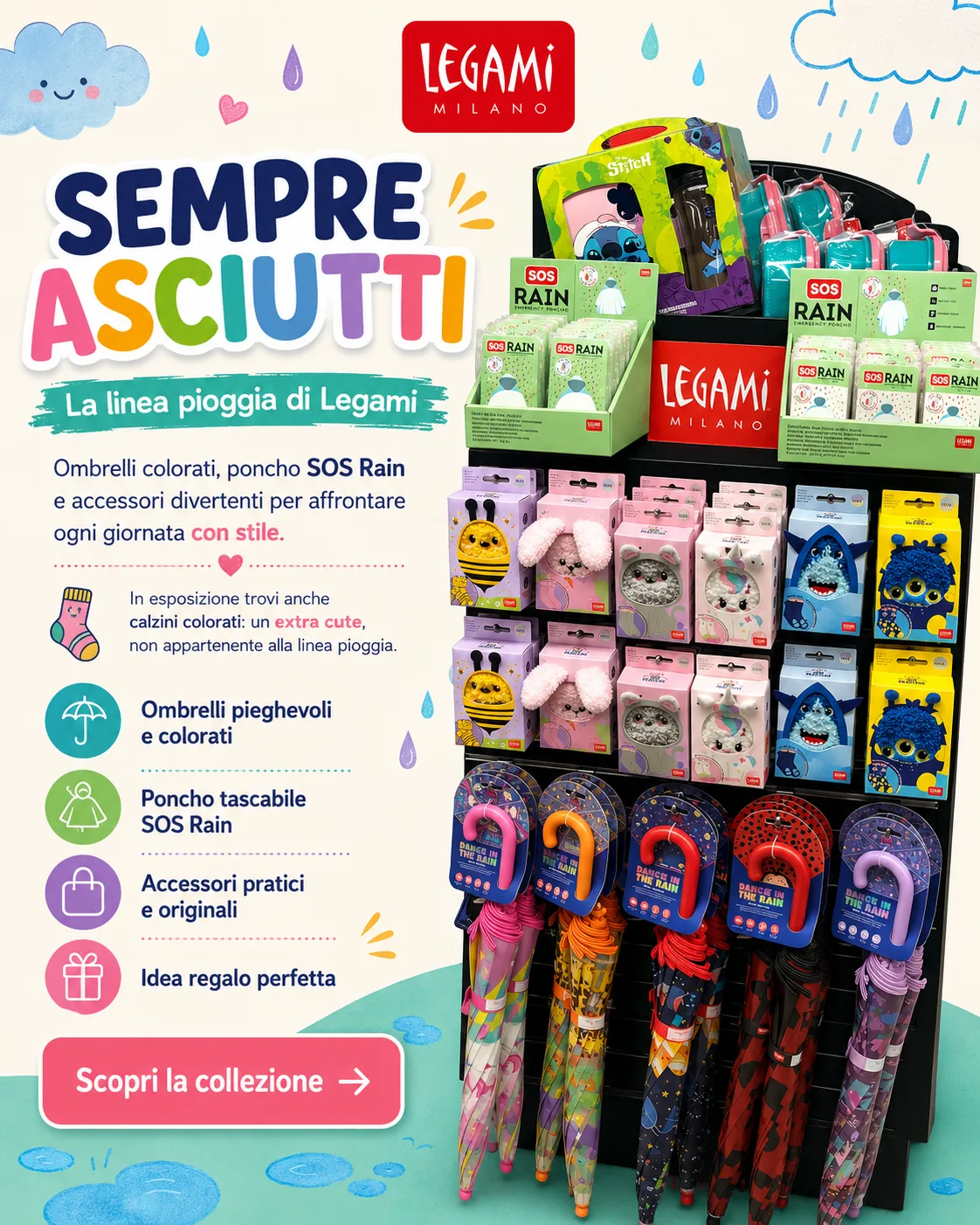 Linea pioggia Legami con ombrelli colorati e poncho SOS Rain