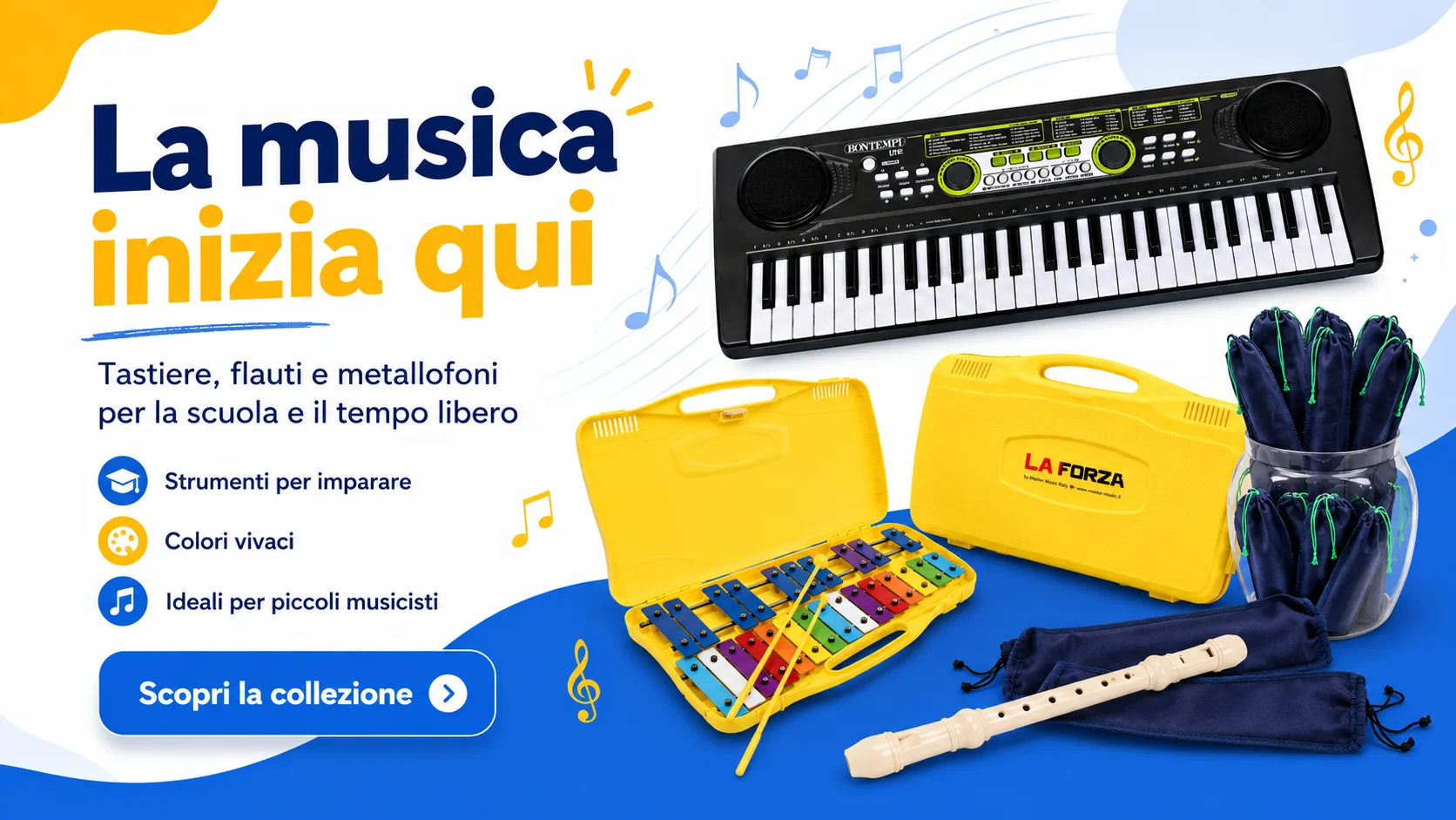 Tastiera, flauti e metallofono per l'ora di musica a scuola