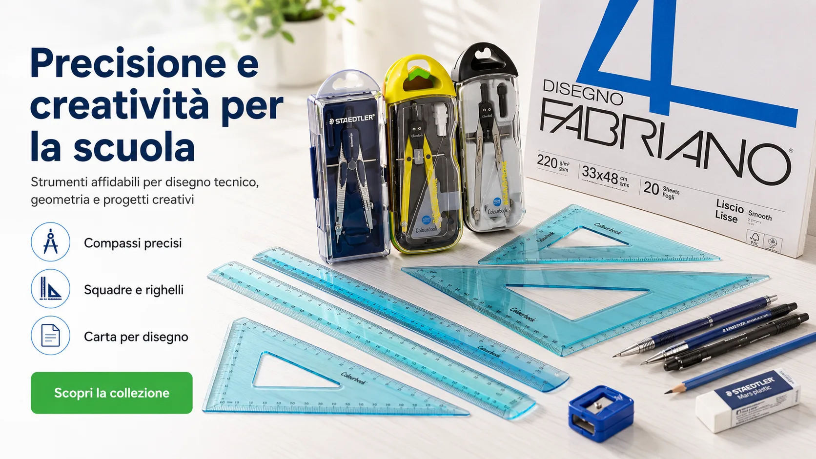 Compassi, squadre, righelli e album da disegno per il disegno tecnico
