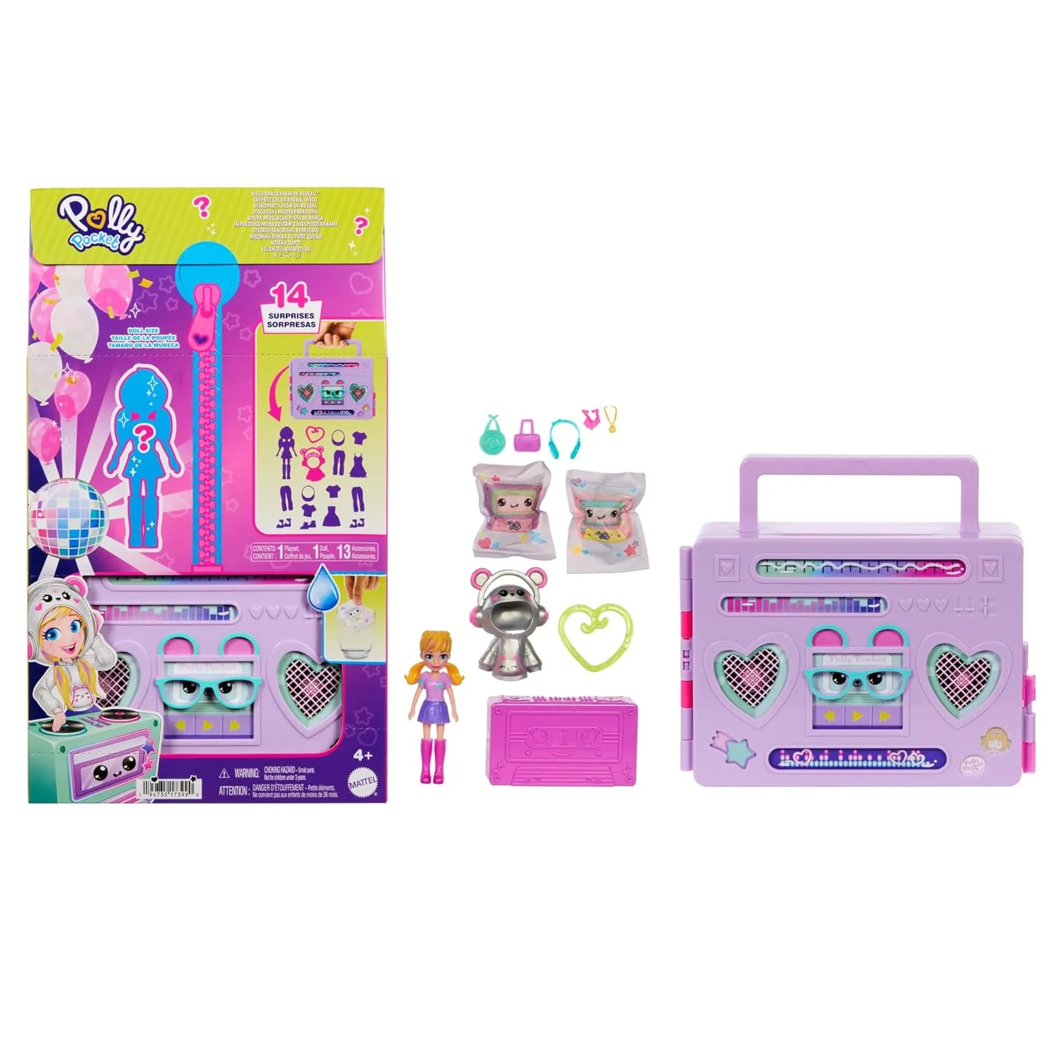 Set Polly Pocket Disco Dance Fashion Reveal con bambolina e accessori