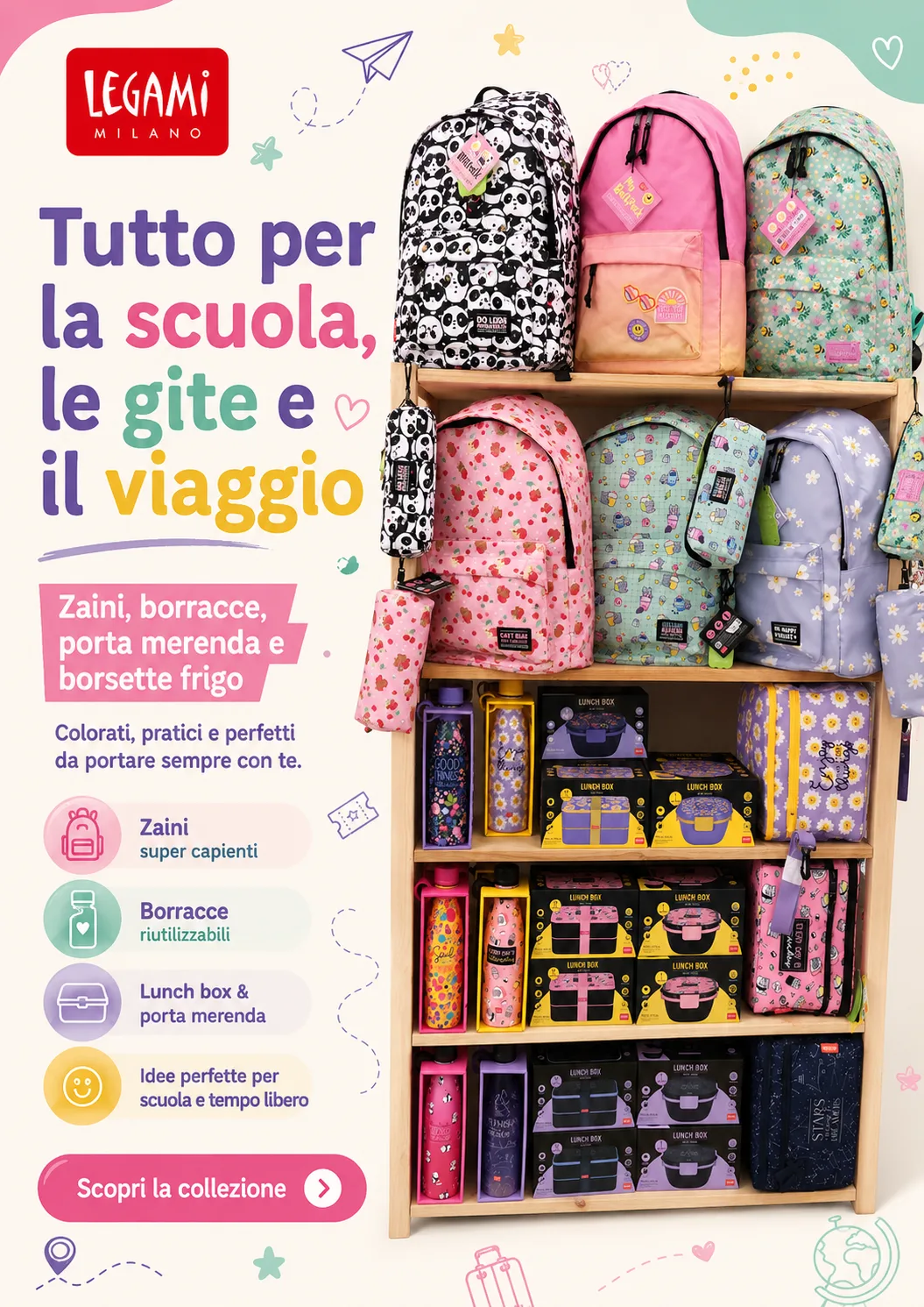 Zaini, borracce, lunch box e porta merenda colorati Legami