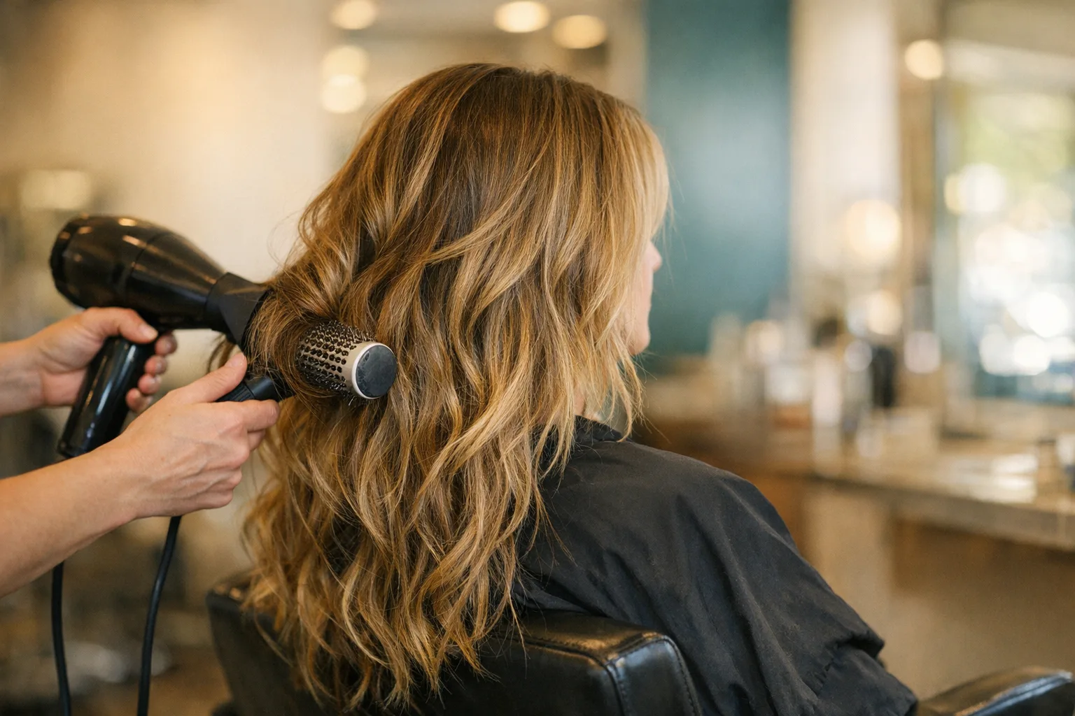 Messa in piega con spazzola tonda e phon su capelli lunghi mossi